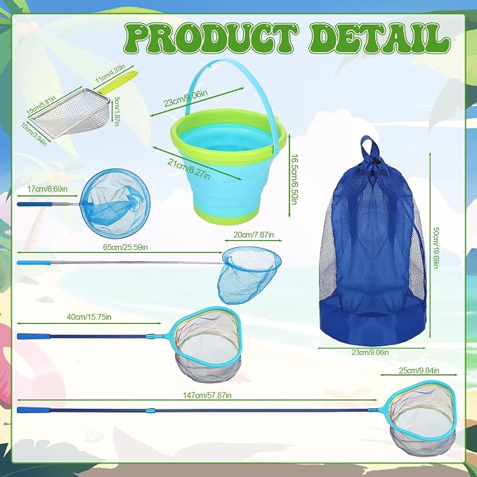 2 Pack Telescopic Kids Fishing Net with Handle, 2 Collapsible Bucket Sand Pail, Stainless Steel Foldable Fishing Net Small Fishing Butterfly Bug Net Beach Shovel with Storage Bag