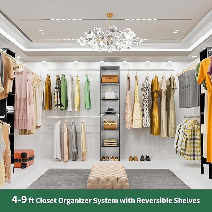 ROOMTEC Closet System, 17" Wide Wall-Mounted Closet Organizer Kit with Wood Storage Tower and 3 Hanging Rods, Wardrobe Closet System for Walk-In Closets, Black