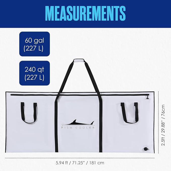 Houseables Fish Bag, Fish Kill Bag, Fishing Cooler, Insulated Carrier for Fishing, Cooling Gear, Big, Waterproof For Kayak, Transport, Weigh In, Catch, Ice, Tuna, Salmon, Bass, Trout, 41x16.5”, 72x30”