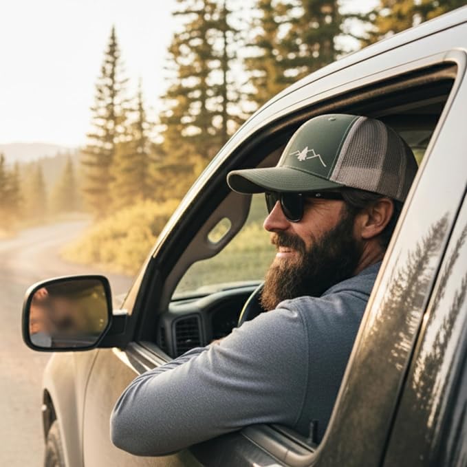 LINDO Trucker Hat [ Great Outdoors Design ] for Men and Women: Mid Profile Cap with Breathable Mesh Back and Adjustable Snap