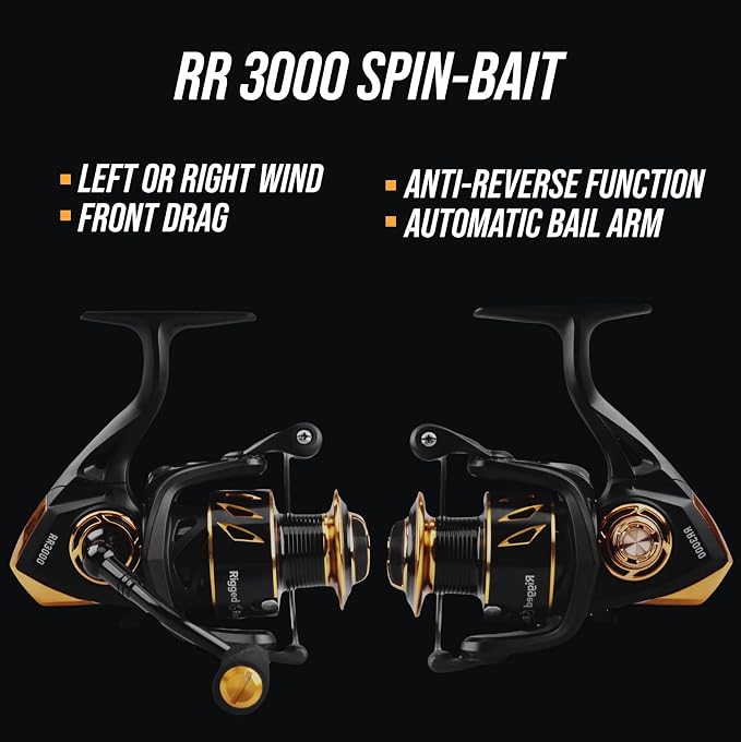 Rigged and Ready RR spin fixed-spool fishing reels 4 size options 1000, 3000, 5000, 6000. Freshwater saltwater smooth strong durable. Spare spool + bag. Spinning, Carp, Bass, Coarse, Sea & LRF angling