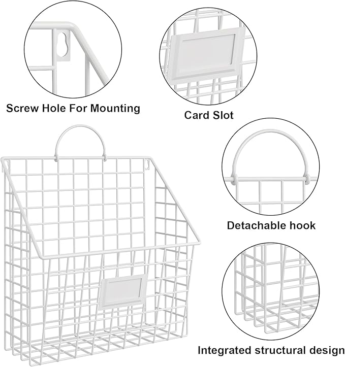 Wall File Organizer Metal Hanging File Organizer,Wall Mount File Holder, Magazine Rack and Mail Holder with Hooks for Home Office, 4 Packs, White(Patent Pending)