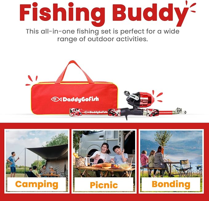 DaddyGoFish Kids Fishing Pole - Rod Reel Combo Tackle Box Starter Set - First Year Small Dock Gear Kit for Boys Girls Toddler Youth Age Beginner Little Children Junior Anglers