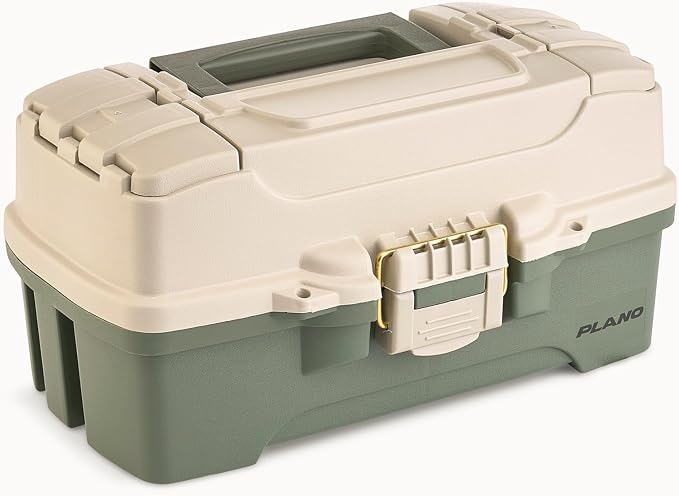 Plano One-Tray Tackle Box, Green/Tan, Rust-Proof Brass Latch, Top-Access Tray with Deep Storage, Made in the USA, Portable Fishing Gear Storage Organizer