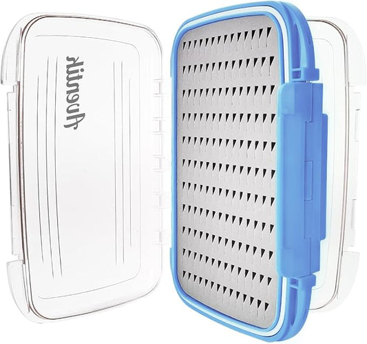 Aventik Waterproof Clear Fly Box Double Sides Floating Lightweight Fly Fishing Case Large Capacity Grip Foam Nymph Wet Dry Flies Lure Box(H18 Blue, SIZE C:7.32X4.56X1.57inch)