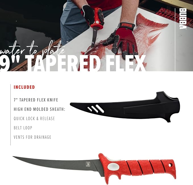 BUBBA 9 Inch Tapered Flex Fillet Knife with Non-Slip Grip Handle, Full Tang High Carbon Stainless Steel Titanium Coated Non-Stick Blade, Lanyard Hole and Synthetic Sheath for Fishing
