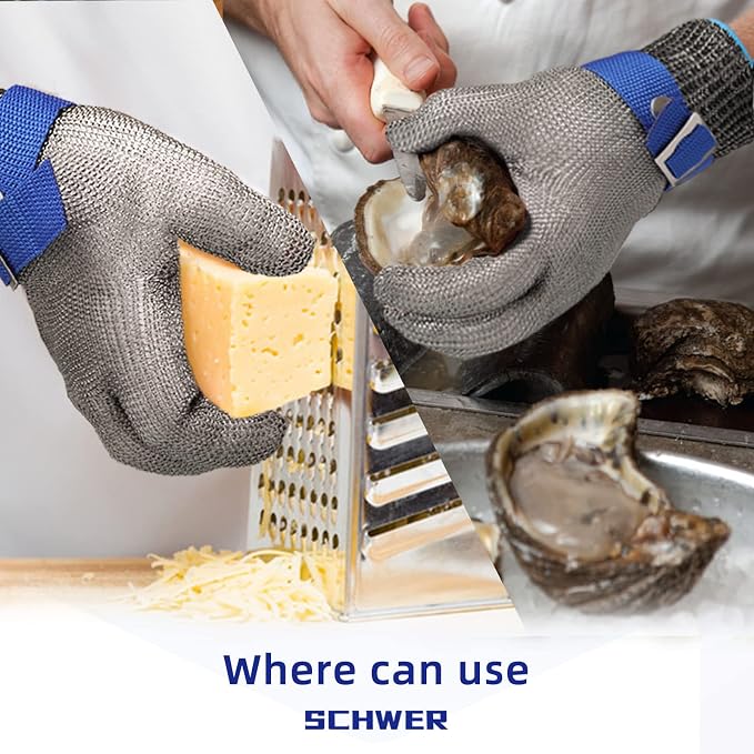 Schwer SlicePro ANSI A9 Cut Resistant Glove PR1706, Stainless Steel Mesh Metal Glove, Food Grade for Kitchen Cooking, Butcher Meat Cutting, Oyster Shucking, Mandoline, Fishing (L, 50 Pairs)