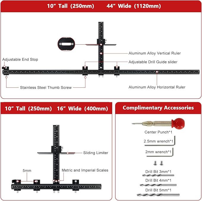 44" Max Cabinet Hardware Jig, with 16" Cabinet Handle Jig and Auto Center Punch, Aluminum Alloy Cabinet Handle Template Drill Guide, Cabinet Pull Jig for Handles/Knobs/Pulls, Drawer/Door