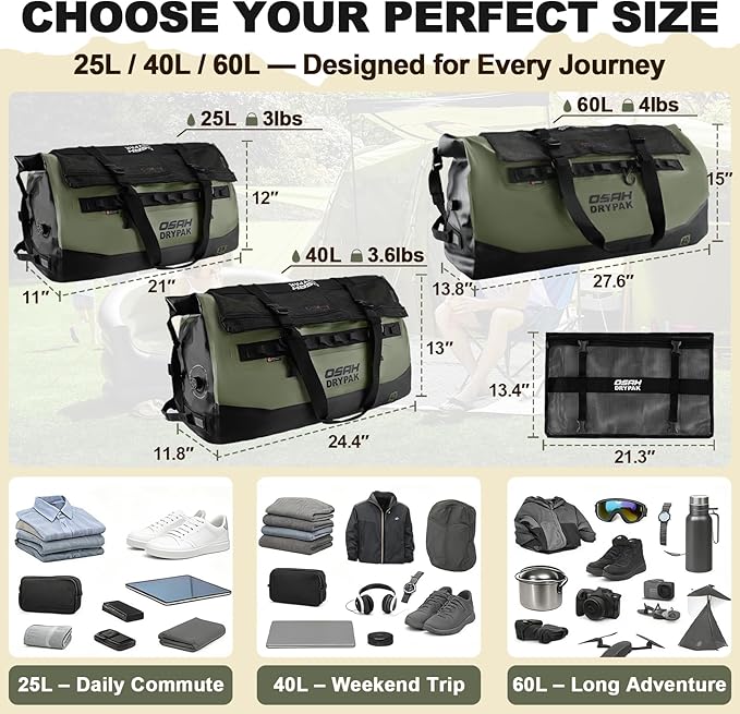 OSAH DRYPAK Waterproof Duffel Bag 25L/40L/60L – Heavy-Duty Motorcycle Tail Bag, Roll-Top Dry Bag for Travel, Camping, Boating, Kayaking, Outdoor Adventure