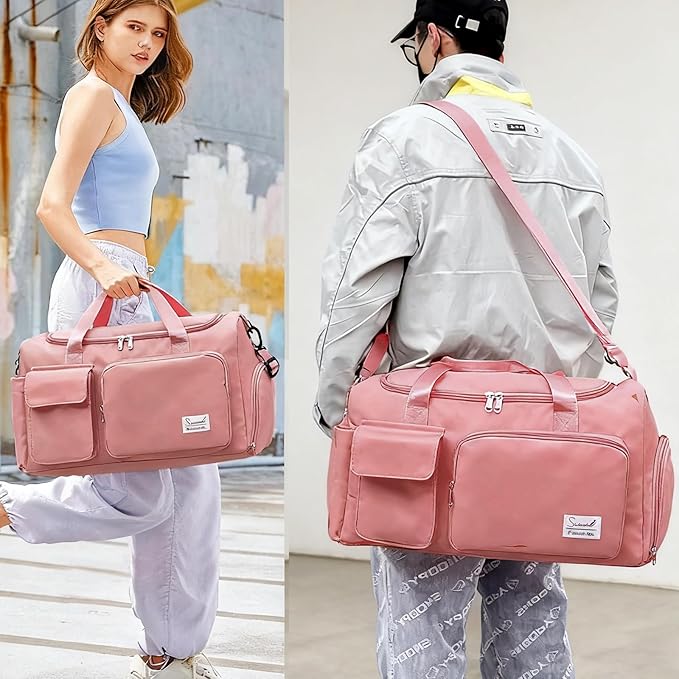 Suruid Gym Bag for Women Men, Travel Duffle Bag Large Capacity Carry On Weekender Bag With Shoe Compartment Gym Tote Dry Wet Separation Duffel Bag with Makeup Bag, Pink