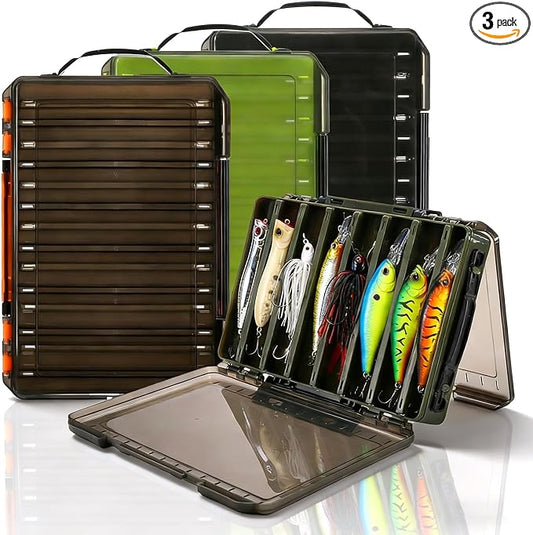 3 Pack Double Sided Fishing Lure Tackle Box, 14 Compartments Clear Plastic Storage Case Organizer, Visible Hard Bait Container for Lures and Jewelry Beads Earring Hook (3 Color)