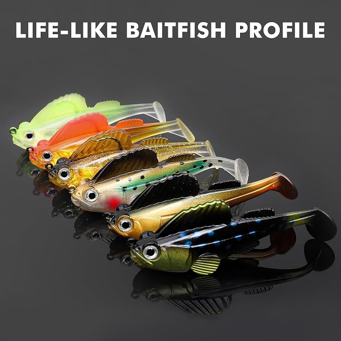 GOTOUR Pre-Rigged Soft Fishing Lures with Weedless Hook, Lifelike Paddle Tail Swimbaits for Bass Fishing, Freshwater & Saltwater Fishing Bait, Fishing Tackle for Bass, Pike, Trout, and Walleye