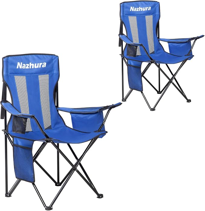 Nazhura 2 Pack Outdoor Camping Chairs Folding/Foldable/Portable with Cooler Pouch, Mesh Backrest and Cup Holder Pocket (Blue, 2 Pack)