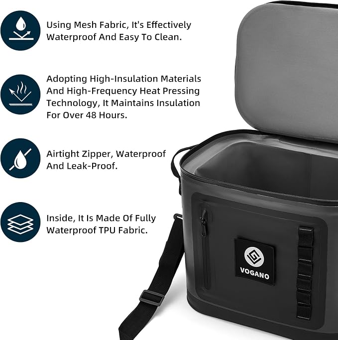 Vogano 40 Can Soft Cooler Bag - Insulated Leak-Proof Large Cooler Bag with Roll-Top Waterproof Seal | Portable Ice Chest for Camping, Beach, Travel, Picnics | 24HR Cold Retention