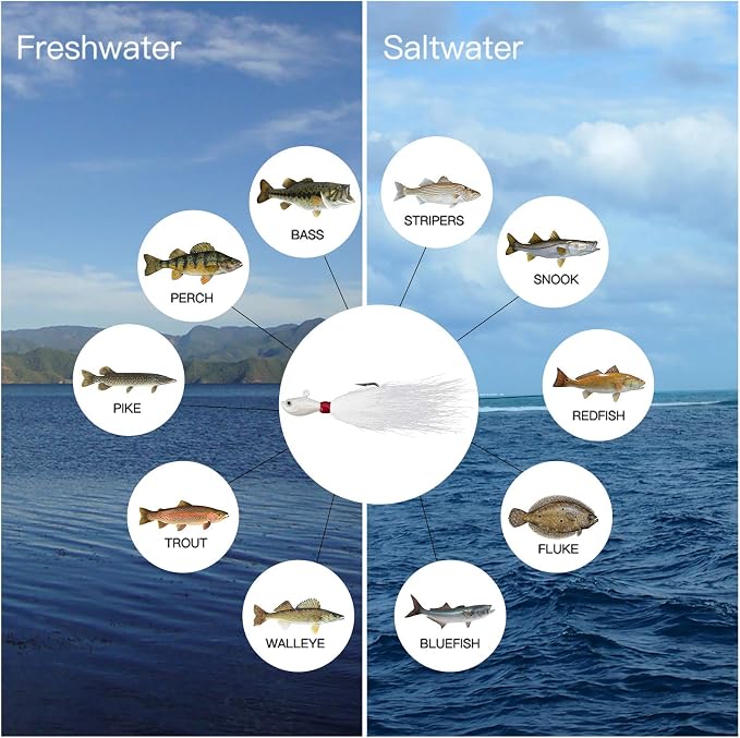Dr.Fish 3 Pack Bucktail Jig Lure Hair Jig Saltwater Freshwater Lures Surf Fishing Bass Flounder Striper Bluefish Halibut Redfish