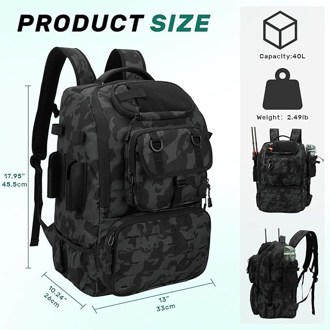 Pyrrhus 40L Fishing Backpack with Rod Holders & Insulated Cooler Compartment, Camping Cooler Tackle Storage for Anglers