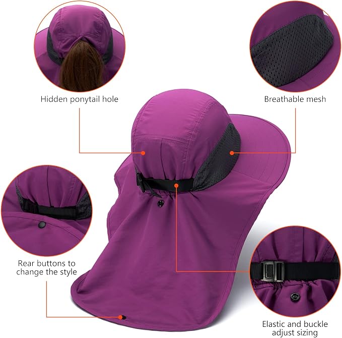 BASSDASH UPF 50+ Unisex Water Resistant Wide Brim Sun Hat with Large Neck Flap Ponytail Fishing Hat for Men Women