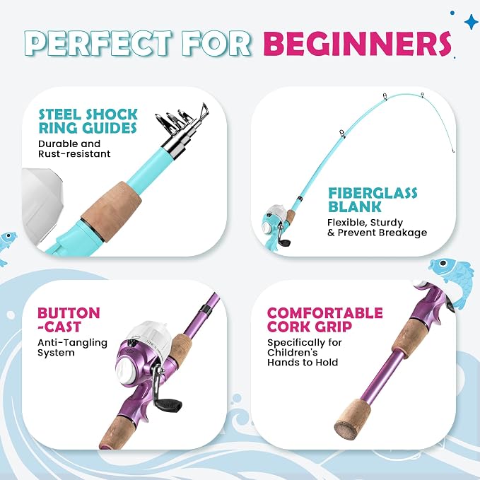 Kids Fishing Pole, Portable Telescopic Kids Fishing Poles for Boys Girls Youth, Fishing Rod and Reel Combo