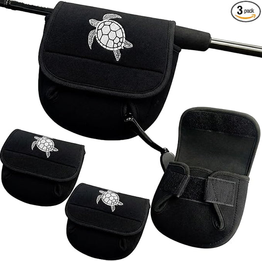 3 Pcs Fishing Spinning Reel Cover with Turtle Embroidery Baitcasting Trolling Fishing Reels Neoprene Protective Case Pouch Sleeve Gloves Bags Fits 2000-3000 Series Reel(Black, Classic)