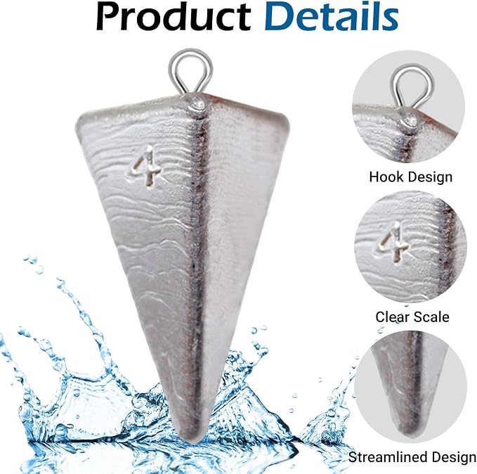 Pyramid Sinkers Assorted Weights 2oz 3oz 4oz, Lead Surf Fishing Sinkers for Saltwater Beach Bottom Fishing (5-8 Pack)