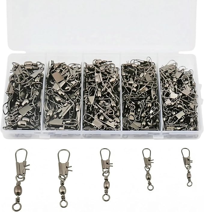 Fishing Barrel Swivels with Snap Set: 220pcs Large Small Snap Swivels Assortment for Saltwater Freshwater Connector Fishing Tackle - Size #2#4#6#8#10