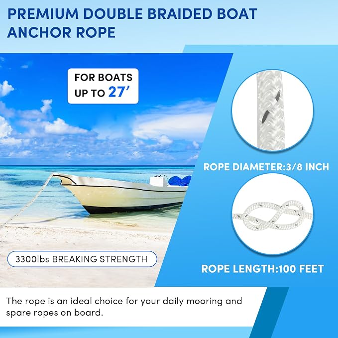 Anchor Rope 100 ft x 3/8 inch White, Double Braided Anchor Line with Stainless Steel Thimble & Shackle, Boat Rope with Reflective Strip Ideal for Towing,Mooring,Anchoring,for Boats Up to 27'