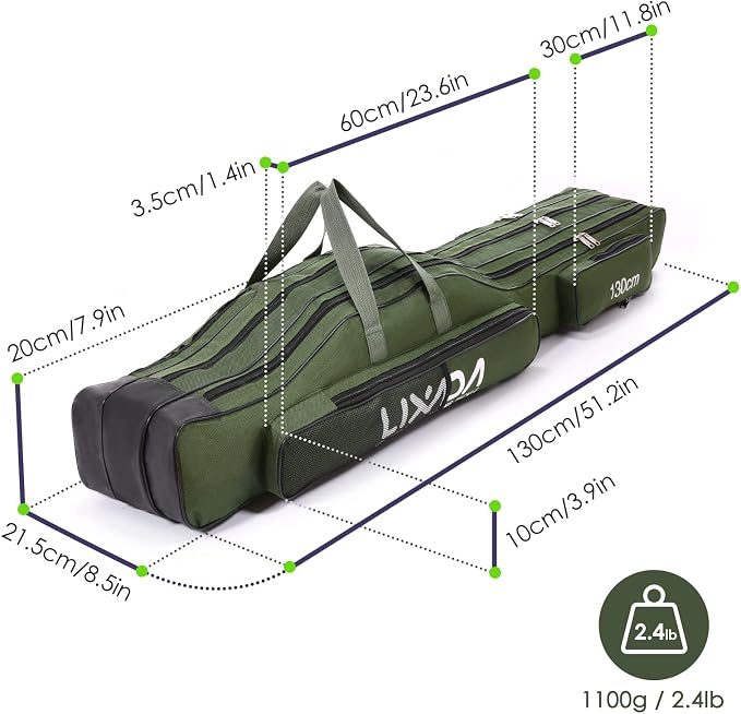 Lixada Fishing Rod Case, 3 Layers Oxford Fishing Rod Bag, Portable Foldable Fishing Pole Bag, Fishing Rod Carrier Fishing Tackle Storage Bag Travel Carry for Fishing Gear & Equipment