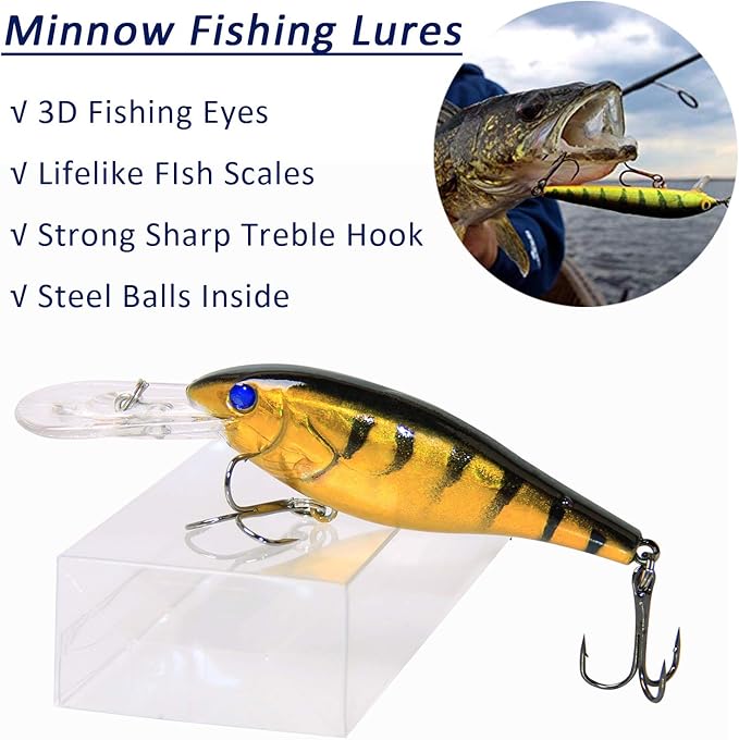Fishing Lures Hard Bait Minnow Swimbait Crankbait Jerkbait Lure with Treble Hooks 3D Eyes Freshwater Saltwater Fishing Lures for Bass Trout Walleye Pike Catfish