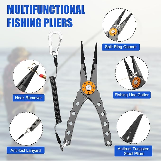 VioraWhite 8 Pieces Fishing Tools Kit Fish Hook Remover Set Include Fishing Pliers Lip Gripper Multifunction Scissors Gloves Towel Keychain Hook for Men Women Gifts
