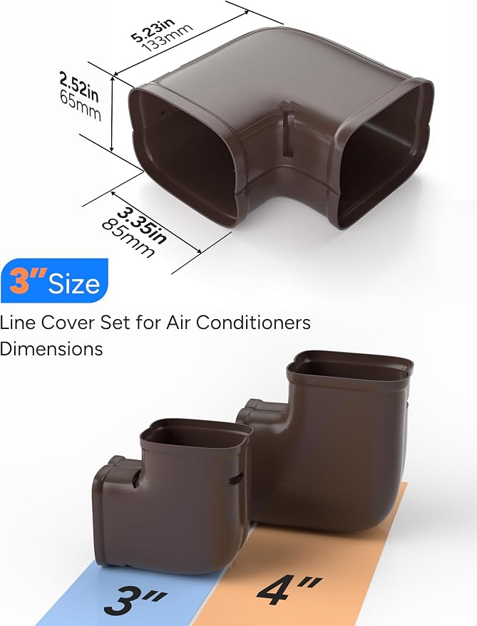 Brown Flat Elbow, Flexible Level Bend Cover Line Set Cover Kit Accessories for Ductless Air Conditioners and Heat Pumps, PVC Decorative Upgraded UV-Proof Strong& Durable (3" Fixed)