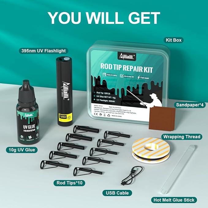 Fishing Rod Tip Repair Kit, Complete Supplies for Fishing Pole Tip Replacement with 10 Sizes Top Eyelets, Glue, UV Flashlight, Wrapping Thread, Easy&Quick Repair Broken Fishing Accessories