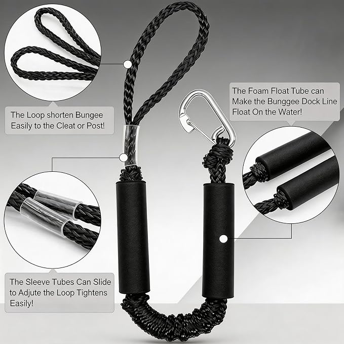 2 PK Black Bungee Dock Lines for Boats 3 FT with 316 Stainless Clip Boat Accessories Marine Grade Boat Rope Boating Accessories Boat Dock Lines Jet Ski or PWC Mooring Boat Lines & Dock Ties