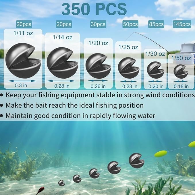 200/350 Pcs Premium Split Shot Fishing Weights Sinkers, Removable Leakproof Fly Fishing Split Shot for Freshwater & Saltwater， Bass Trout Circular Accessories - 5/6 Sizes