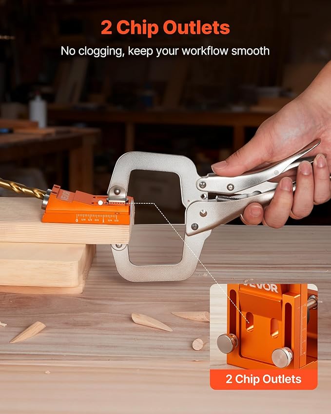 VEVOR Pocket Hole Jig Kit, 0.47 to 1.89 in Adjustable, Jig Pocket Hole System with Step Drill, Hex Wrench, Drill Stop Ring, Square Drive Bit, Plugs and Screws, Reinforced Metal Frame, for Woodworking