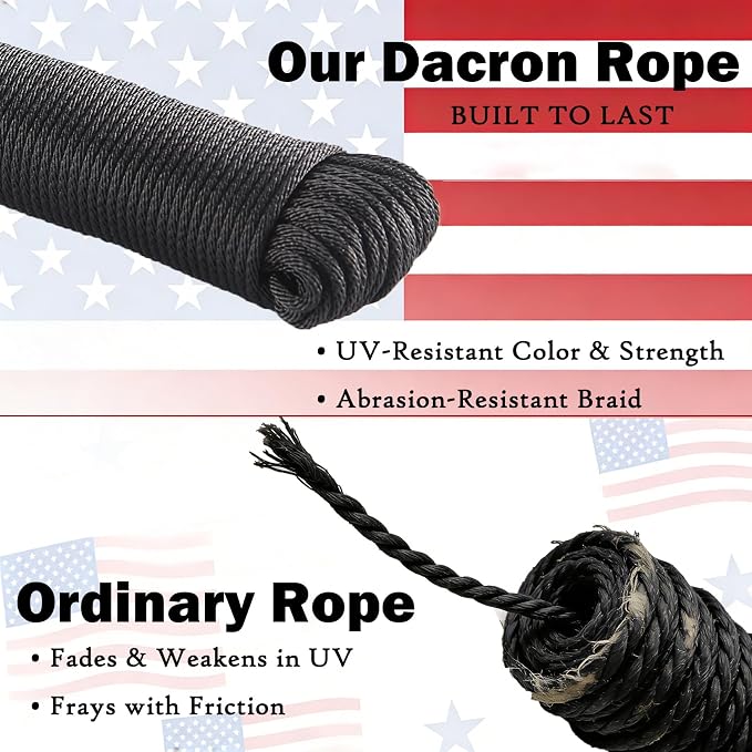 Black UV Resistant Polyester Rope 1/8in 100ft Braided Cord Marine Camping | Outdoor, Clothesline, Flag Line, Boating, Hiking