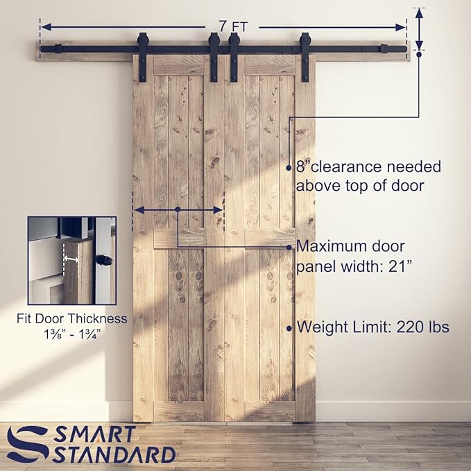 SMARTSTANDARD 7 FT Double Barn Door Hardware Kit, Sliding Door Track-Smoothly and Quietly -Includes Detailed Installation Fit 21" Wide Doorpanel (J Shape Hanger) Black