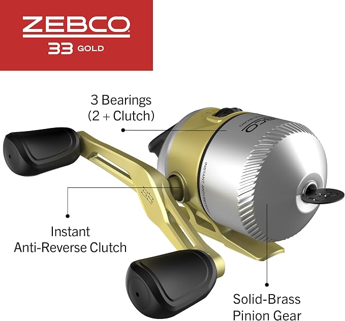 Zebco 33 Gold Spincast Fishing Reel, Changeable Right or Left-Hand Retrieve, All-Metal Gears, Pre-Spooled with Zebco Cajun Fishing Line
