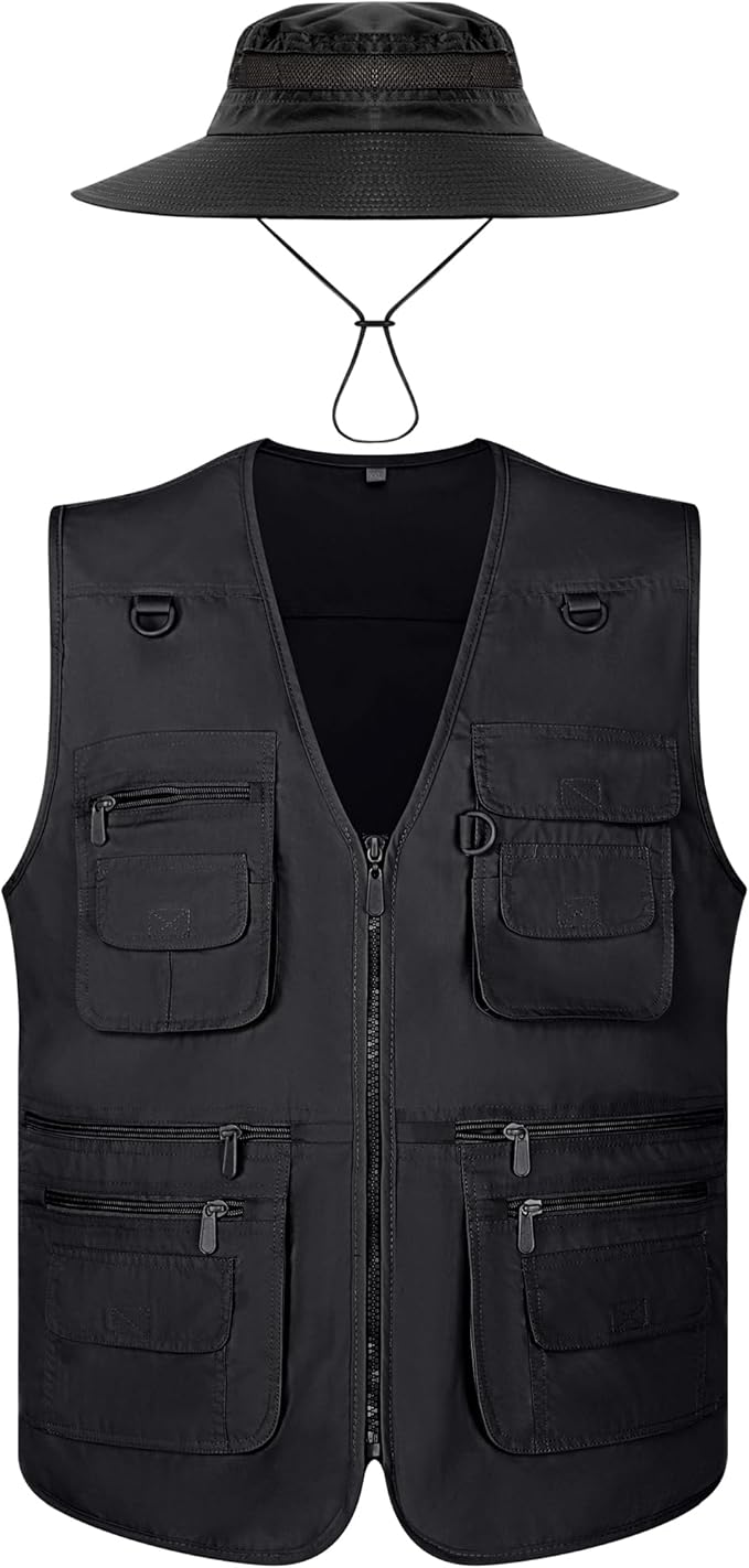 Janmercy 2 Pieces Men's Work Fishing Vest with Hat Lightweight Safari Travel Hunting Waistcoat With Multi Pockets Fishing Hat