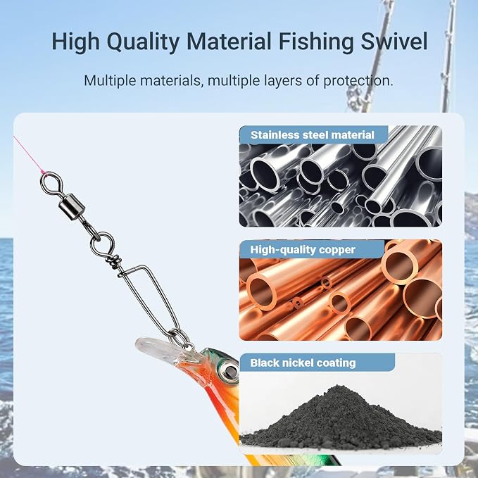 AMYSPORTS High Strength Fishing Snaps Freshwater Barrel Rolling Snap Swivels Steel Lure Connector Fishing Swivel Stainless Black Nickel