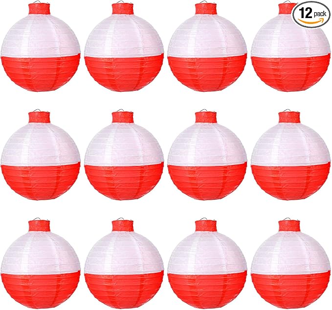 12 Pcs Fishing Bobber Lanterns, 8 Inch Hanging Fishing Bobber Paper Lantern Round Red and White Hanging Lanterns for Fishermen Themed Party, Festivals, Birthday Decor