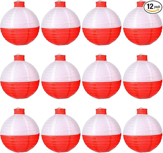 12 Pcs Fishing Bobber Lanterns, 8 Inch Hanging Fishing Bobber Paper Lantern Round Red and White Hanging Lanterns for Fishermen Themed Party, Festivals, Birthday Decor