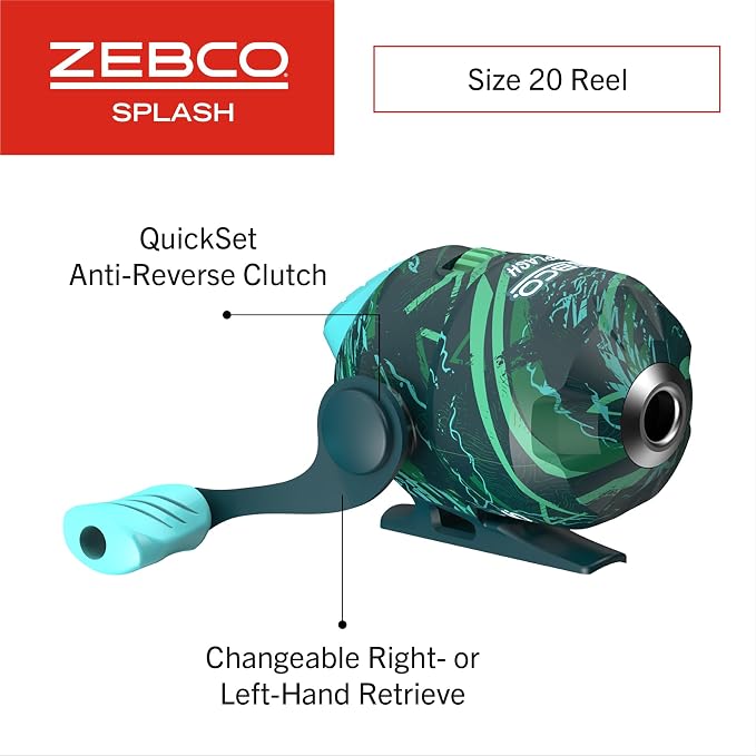 Zebco Splash Spincast Reel and Fishing Rod Combo, Fiberglass Rod, Ball Bearing System, All Metal Gears, 8-Pound Line