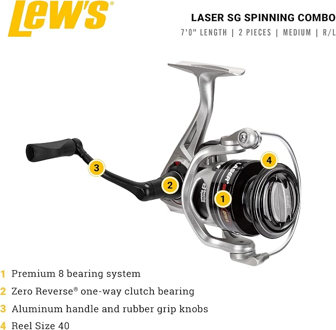 Lew's Lew's Laser LSG Speed Spinning Reel and Fishing Rod Combo, IM6 Graphite Blank Rod, 7+1 Reel Bearings, Right or Left-Hand Retrieve