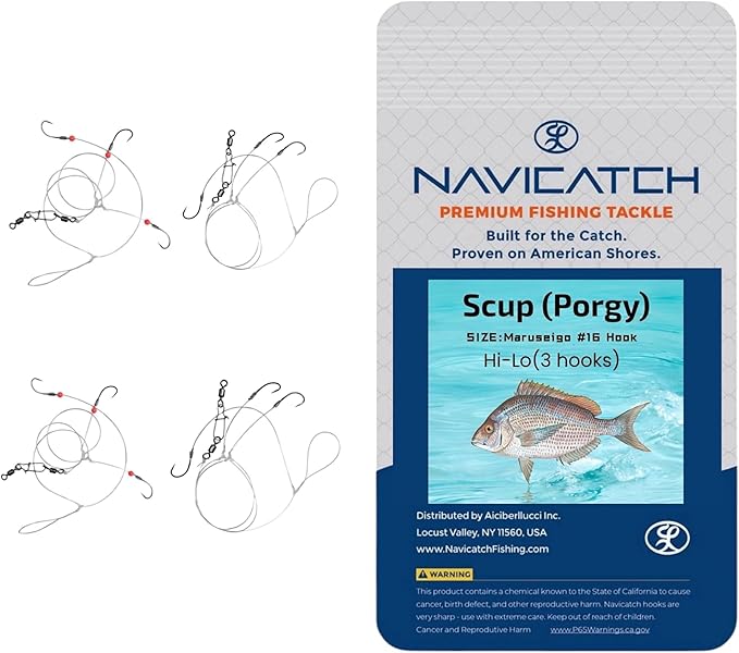 Catfish, Scup (Porgy) & Sea Bass Rig – 3-Hook Hi-Lo Bottom Fishing Kit – Hand-Tied Japanese Hooks with PE Line – Saltwater & Freshwater – USA-Designed