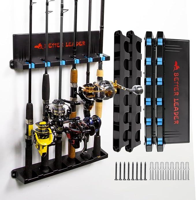 2 Pack Vertical Fishing Rod Holder for Garage, BETTER LEADER Fishing Pole Holders- Holds Up to 12 Rods or Combos, Wall Mount Fishing Pole Rack, Fits Most Rods of Diameter 3-19mm, Fishing Gifts for Men