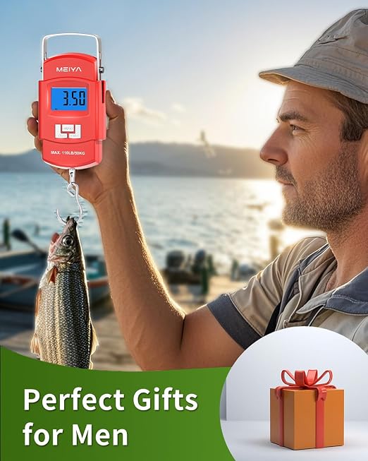 MEIYA Fish Scale 110lb Portable Luggage Scale Travel Digital Hanging Scale with Hook, Fishing Gifts for Men, Weighing Tool for Suitcases & Fish, Includes 2 AAA Batteries, Backlit LCD Display (Red)