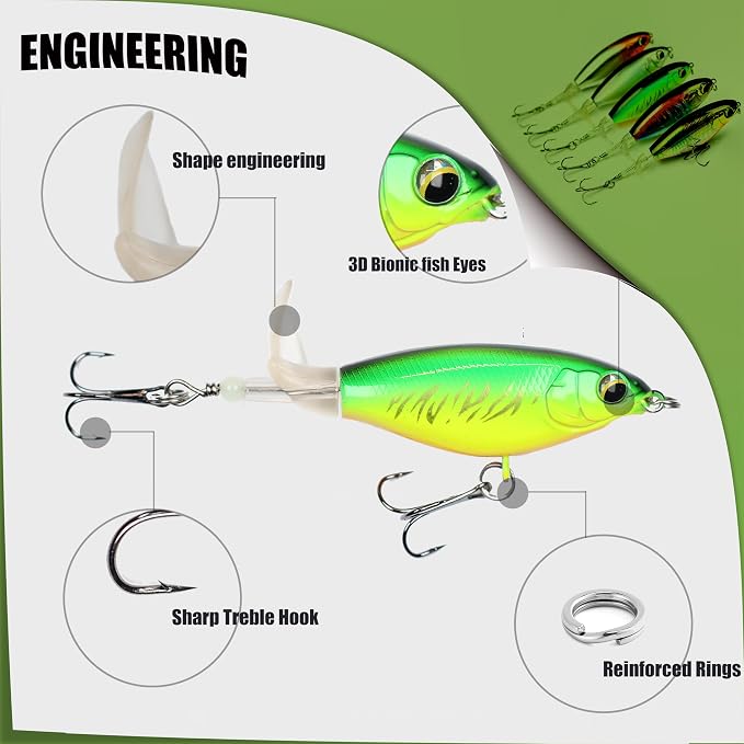 EXAURAFELIS Topwater Buzz Lure, Floating Rotating Tail Fishing Lure, Surface Noisy Hard Bait, Artificial Segmented Bait for Bass, Pike, Trout, Freshwater Saltwater Angling Tackle