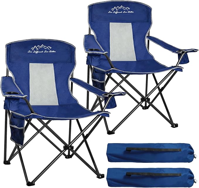 Outdoor Folding Camping Chair with Cup Holder, Storage Bag, Large Anti-Sink Feet, 400lbs Capacity, 2 Pack Breathable Mesh Portable Chair for Camping, Beach, Fishing, Sports, Blue