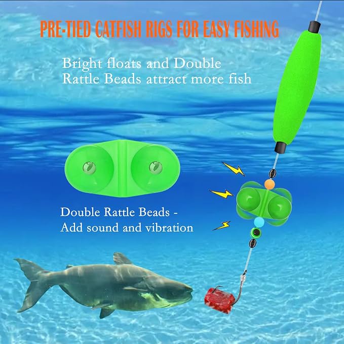 Catfish Rigs & Santee Rig Kit – 6pcs Pre-Tied Catfish Float Rigs with 5/0 6/0 7/0 Circle Hooks, Peg Floats – Heavy Duty Catfishing Tackle for Bank, Drift, or Bottom Fishing