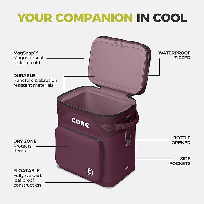 CORE Magnetic Leak Proof Soft Cooler with Waterproof Zipper | Insulated Bag Portable Ice Chest Box | Best Soft Cooler for Food & Beverages for Tailgating, Car Camping, Travel, and Family Beach Picnics